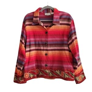 Tantrums Women Medium Rainbow Stripe Bohemian Embroidered Button Up Jacket